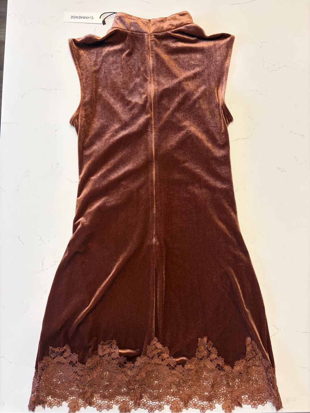 Commense Brown Velvet Lace Trim Mock Neck Slip Dress - Picture 4 of 7